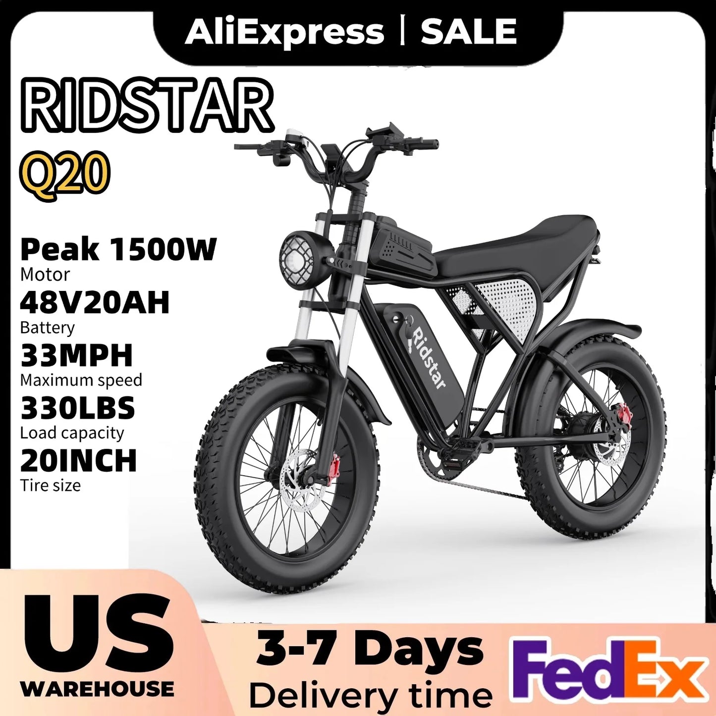 Ridstar Electric Bike for Adults 1500/3000W 48/52V 20/40Ah Lithium Battery 20" Fat Tire Mountain E-bike Electric Dirt Bike