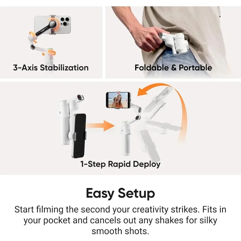 Authenticity guarantee.Flow 2 Pro Grey - Foldable AI Phone Gimbal, Track in 200+ Apps with Apple DockKit, Multi-Person Tracking,