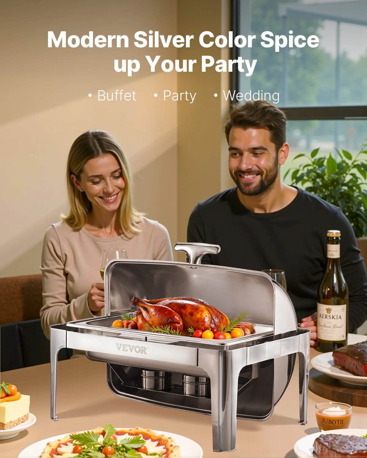 SucceBuy 9Qt Roll Top Chafing Dish Buffet Complete Set Stainless Steel Chafer w/ Full Size Pan Rectangle Catering Warmer Server