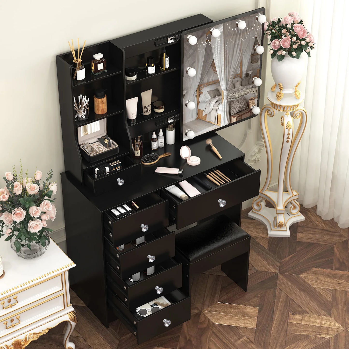 Teousev Black Modern Vanity Set with LED Sliding Mirror 6 Drawers & Stool 3 Color Dimmable Easy Assembly Bedroom Makeup Desk