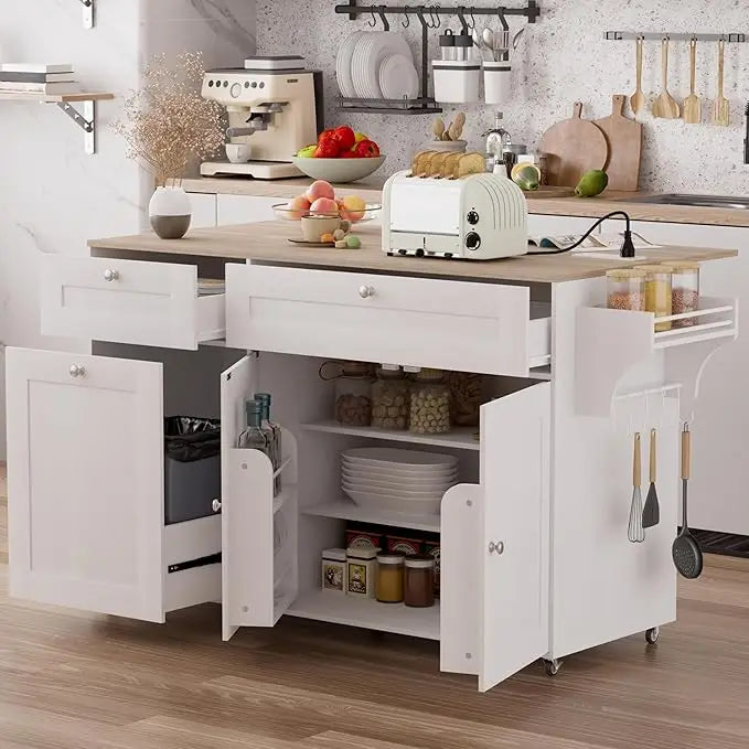 Kitchen Island On Wheels With Storage, Rolling Kitchen Islands With Drop Leaf&Power Outlet, Mobile Kitchen Island Cart With Tras