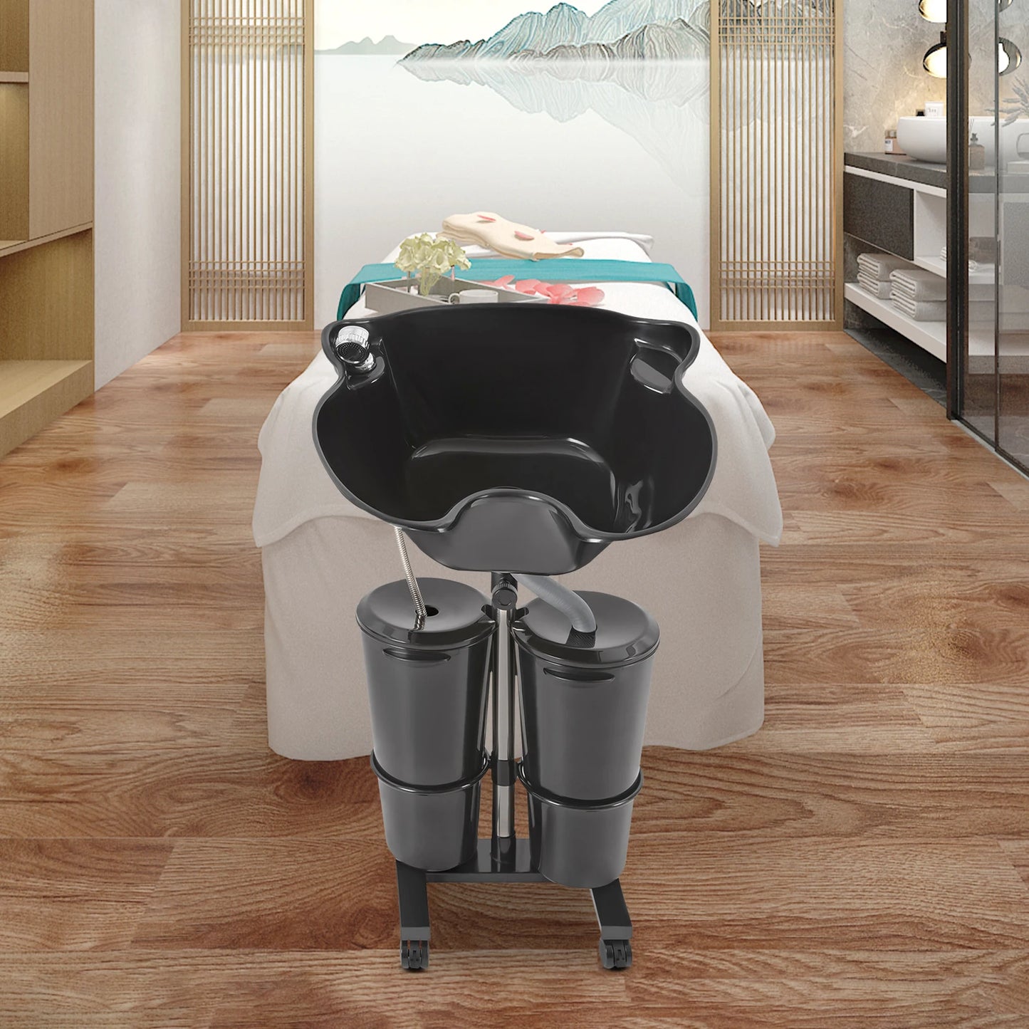 Mobile Hair Wash Basin Height Adjustable For Salon Spa Portable Shampoo Basin with 2 Water Buckets