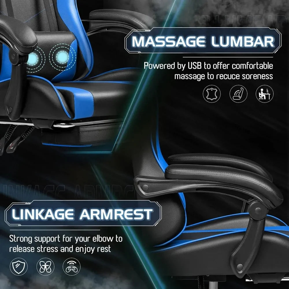 Gaming Chair, Video Game Chair with Footrest and Massage Lumbar Support, Ergonomic Computer Chair Height Adjustable