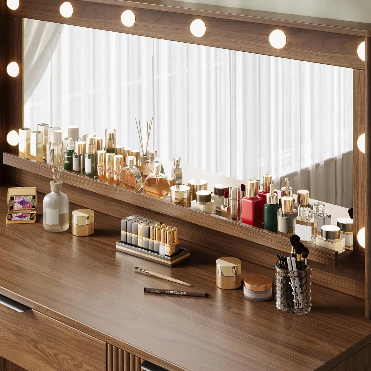 Fluted Makeup Vanity Desk with Large 39.3" Mirror and Lights, 48.8" Wood Vanity, Large Vanity Dressing Table, Customized