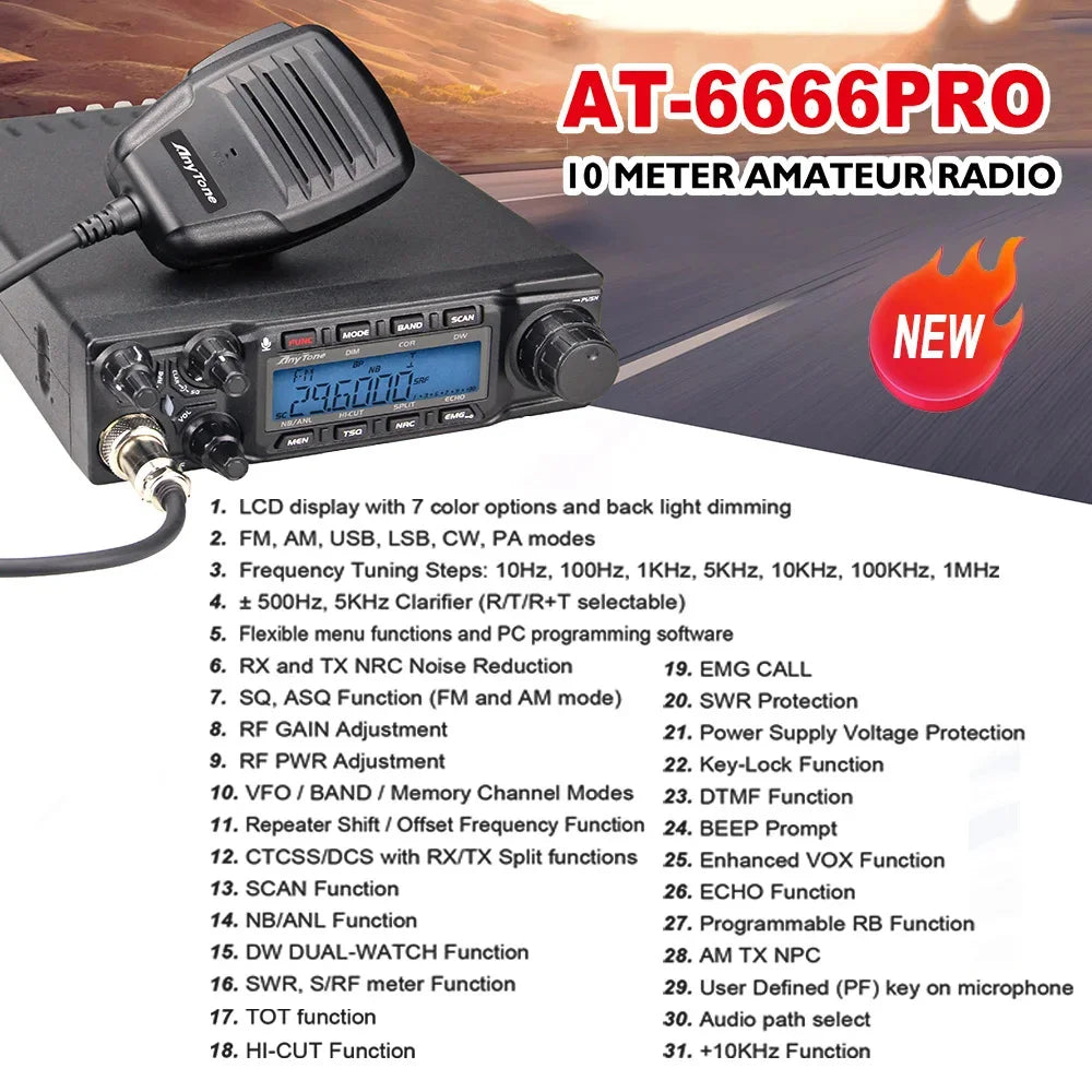 Anytone AT-6666Pro Output AM 80W FM 50W High Power 10 Meter Radio with  AM/FM/SSB/CW/PA 10 Meter Band for Truck Drivers