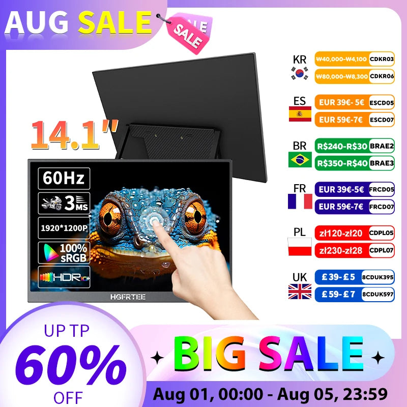 14.1 inch Portable Monitor 10-Point Touchscreen 100%sRGB 1200P IPS Second External Screen for Laptop Phone Mac Xbox Switch PS4/5