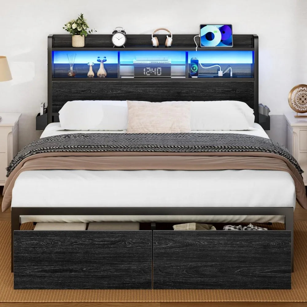 Bed Frame with Wood Headboard, Metal Platform Bed Frame Full Size with Storage Drawers and Shelf,LED Lights and Charging Station