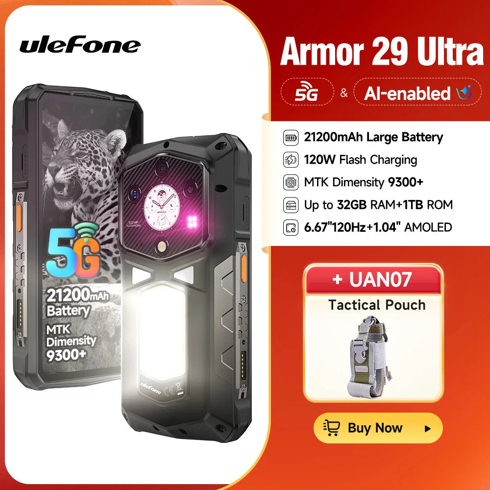 【Ships from US】Ulefone Armor 29 Ultra 5G AI 21200mAh Rugged Phone Dimensity 9300+120Hz 1TB ROM 64MP, NFC, Android 15