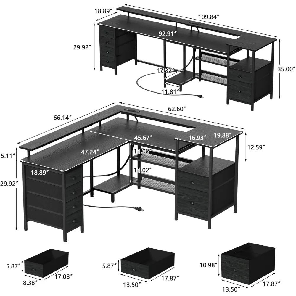66" L Shaped Gaming Desk with 6 Drawers & Printer Storage Shelves, Reversible Computer Corner Desk with Power Outlets&LED Light