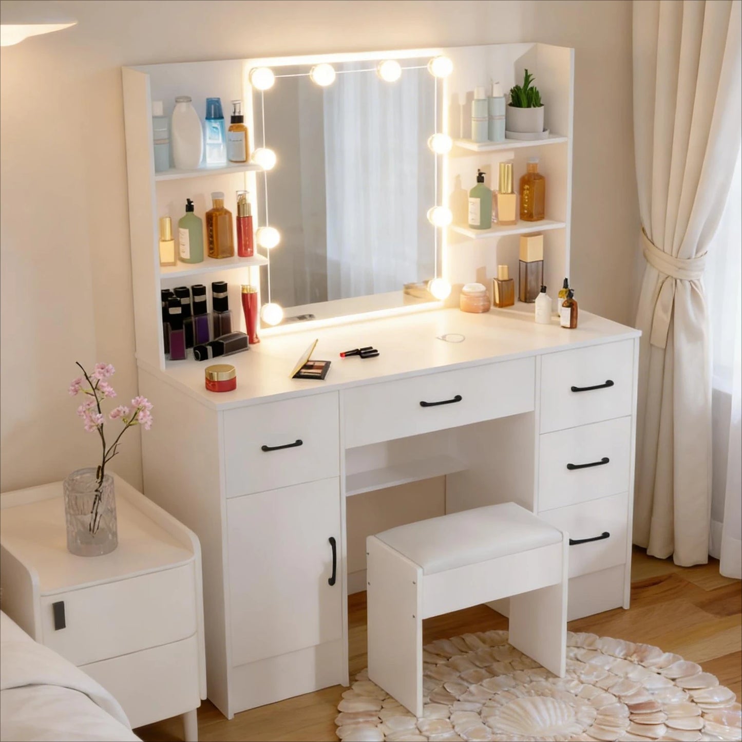 Teousev White Modern Vanity Set with 10 LED Lighted Mirror 5 Drawers & Stool 3 Color Dimmable Easy Assembly Bedroom Dressers