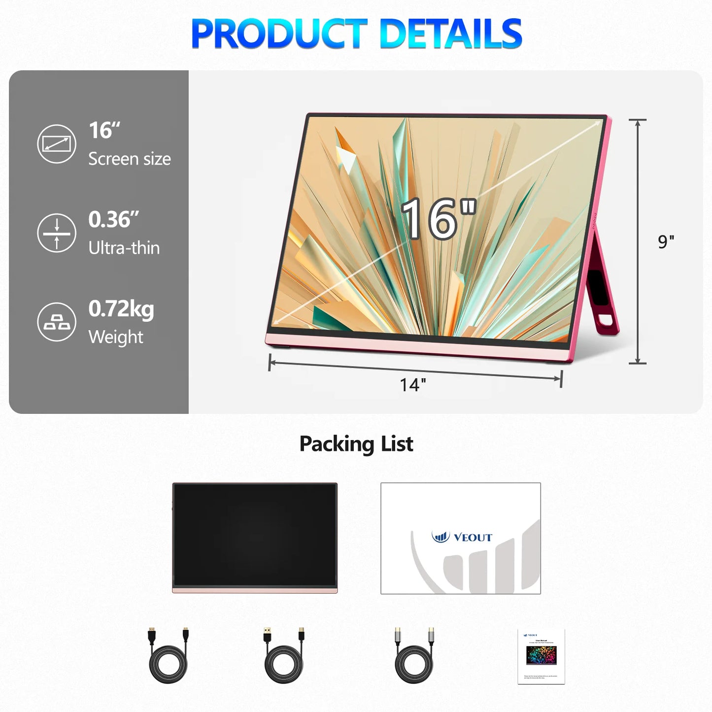 16 inch 2.5K 144Hz Portable Gaming Monitor,2560x1600 100% sRGB HDR FreeSync ,Ultra Slim w/Kickstand , Blue Light External Screen