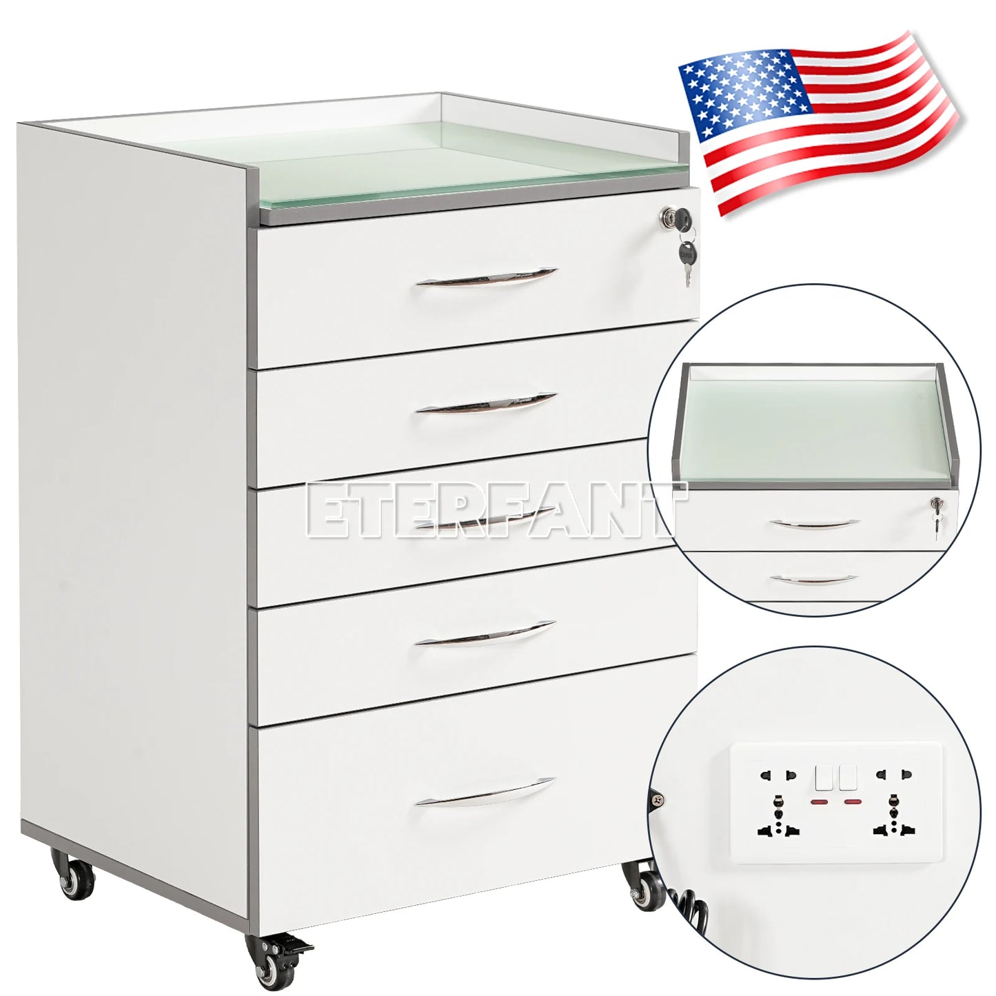 ETERFANT Dental Cabinet Rolling Medical Trolley Mobile Wooden Cart with Socket 5 Drawers Tempered Glass Tabletop Engineered Wood
