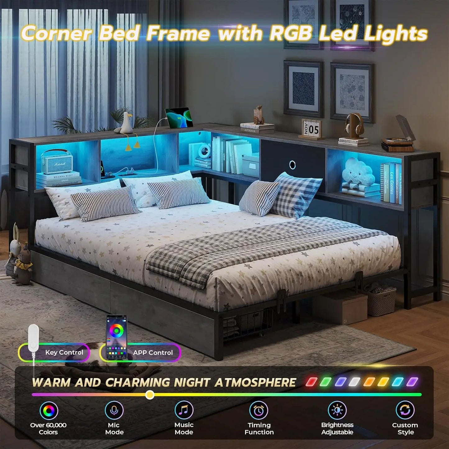 Corner Full Bed Frame with Bookcase Storage and Led Lights Full Size Metal Platform Bed Frame with Storage Drawers & Charging