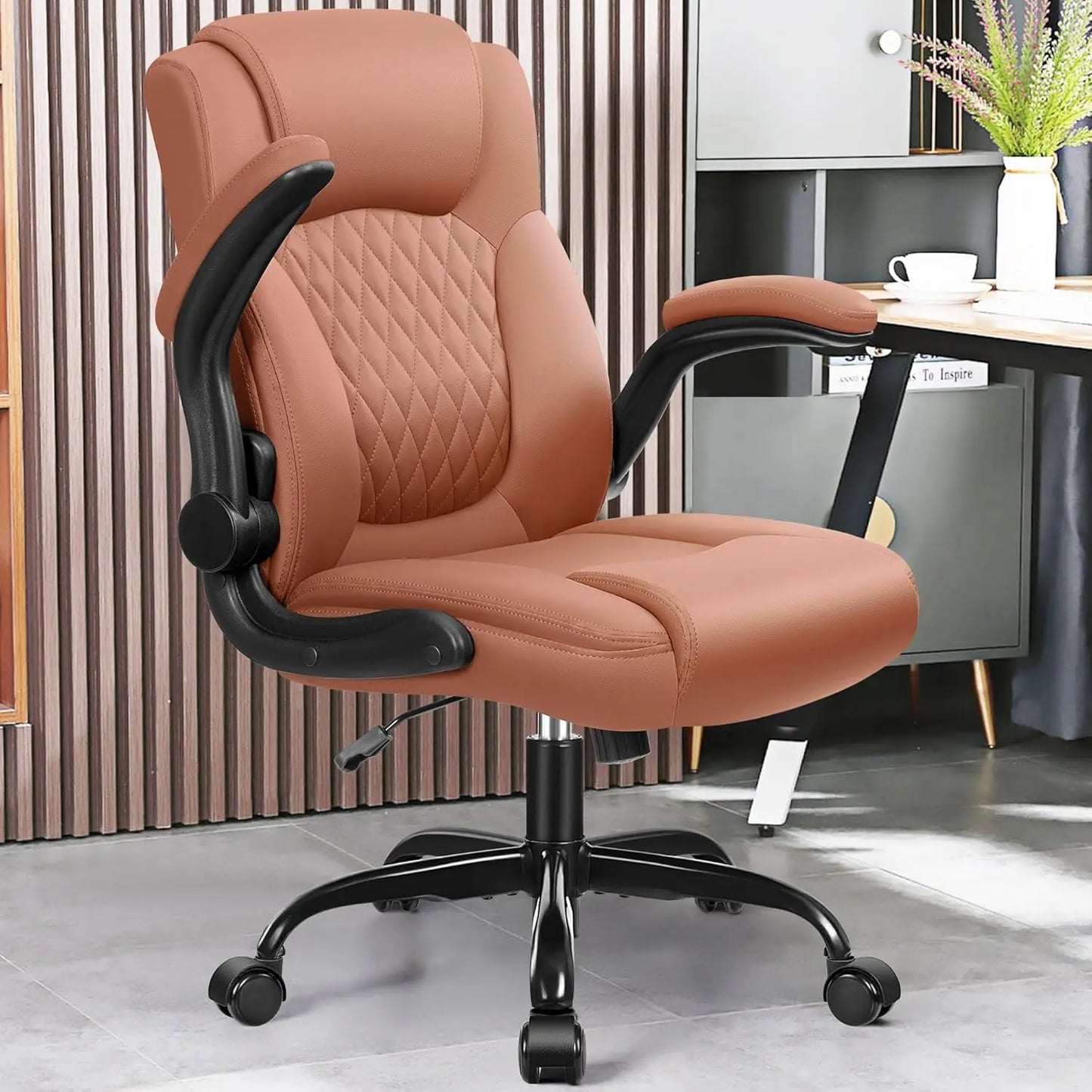 Brown PU Chair for Short People: Compact Ergonomic Office & Gaming w/ Adjustable Arms, 360° Swivel