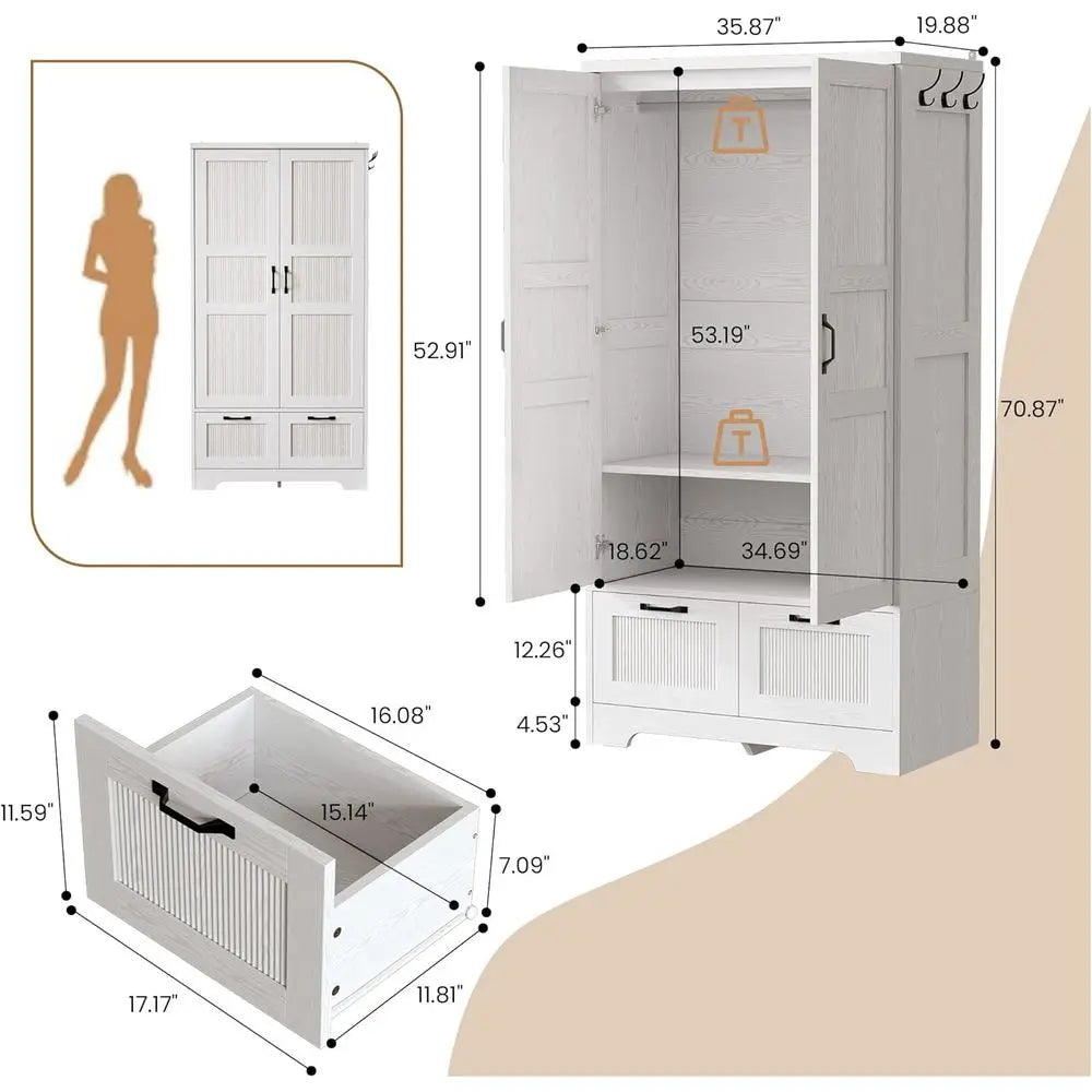 71" Wooden Armoire Wardrobe Closet with 2 Ders & Hanging Rod | reestanding Clothing Storage Cabinet with 2 Doand Shelves, White