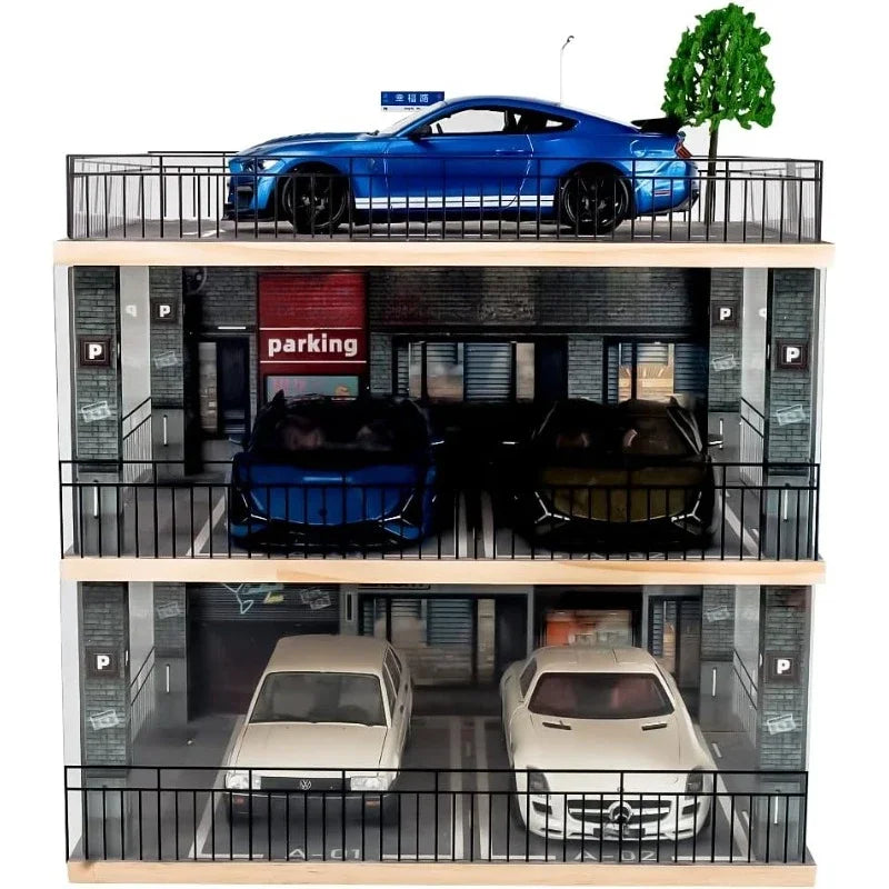 Popular|1:18 Scale 3-Tiers Model Car Display Case with Parking Lot Scene for Sports Car, Display Stand for Alloy Car Toy