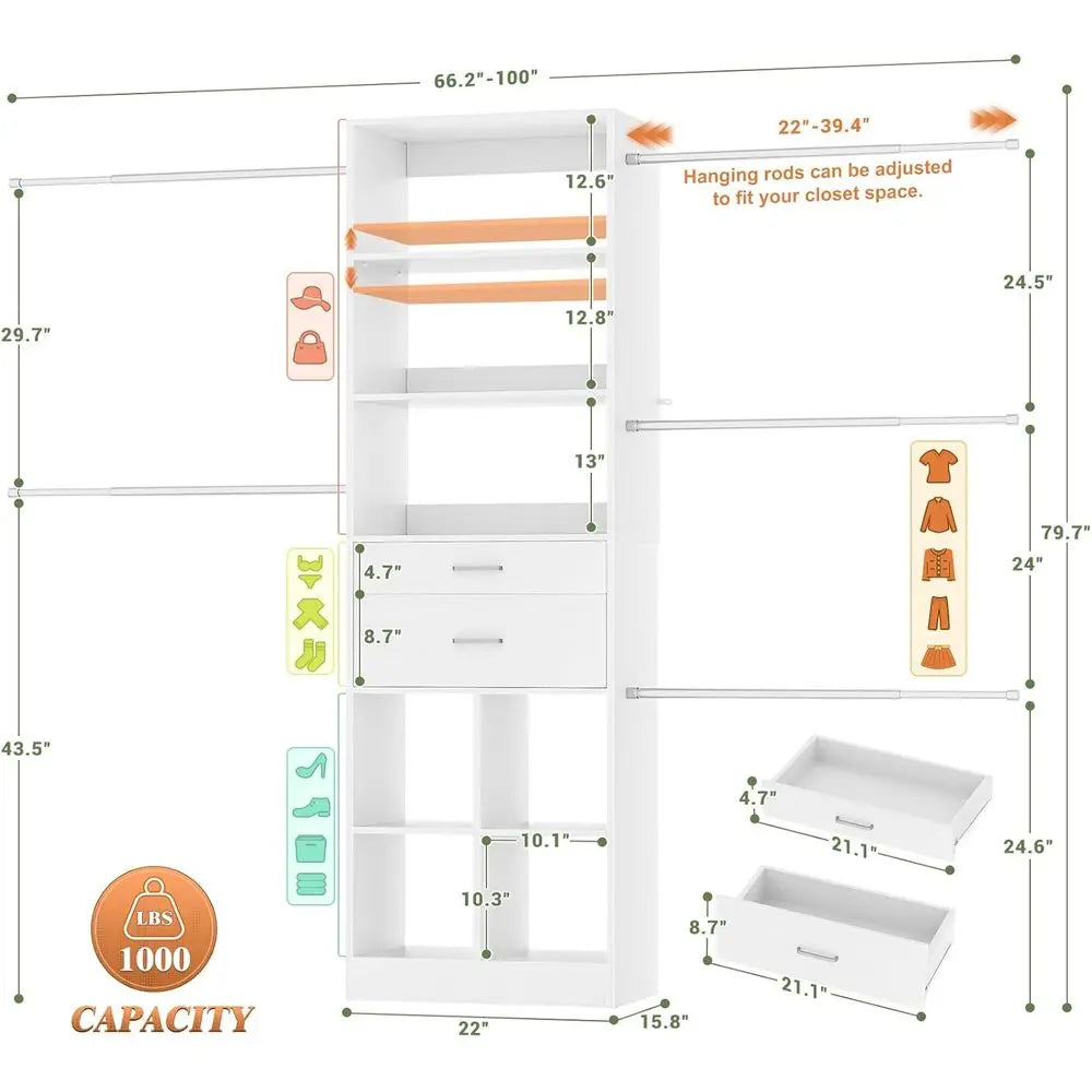 Besiost Closet System, 4-8 T Closet Organizer Tower with 2 Wooden Ders and 5 Hanging Rods, Can it 60 to 96 inch Walk-in Closet S