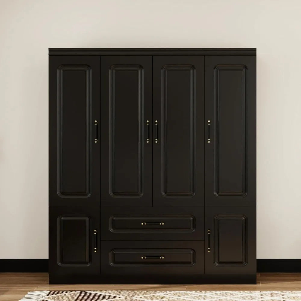Wooden Armoire Wardrobe Closet：Modern Armoire Wardrobe Closet with 4 Doors, 2 Drawers and Hanging Rods for Tall Cabinet, Large C