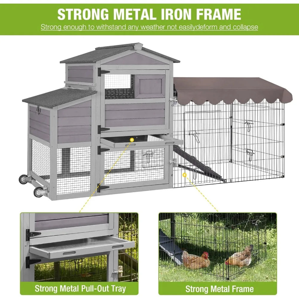 Large Mobile Chicken Coop - All-Steel Frame Hen House with Wheels, Metal Run, and Waterproof Cover