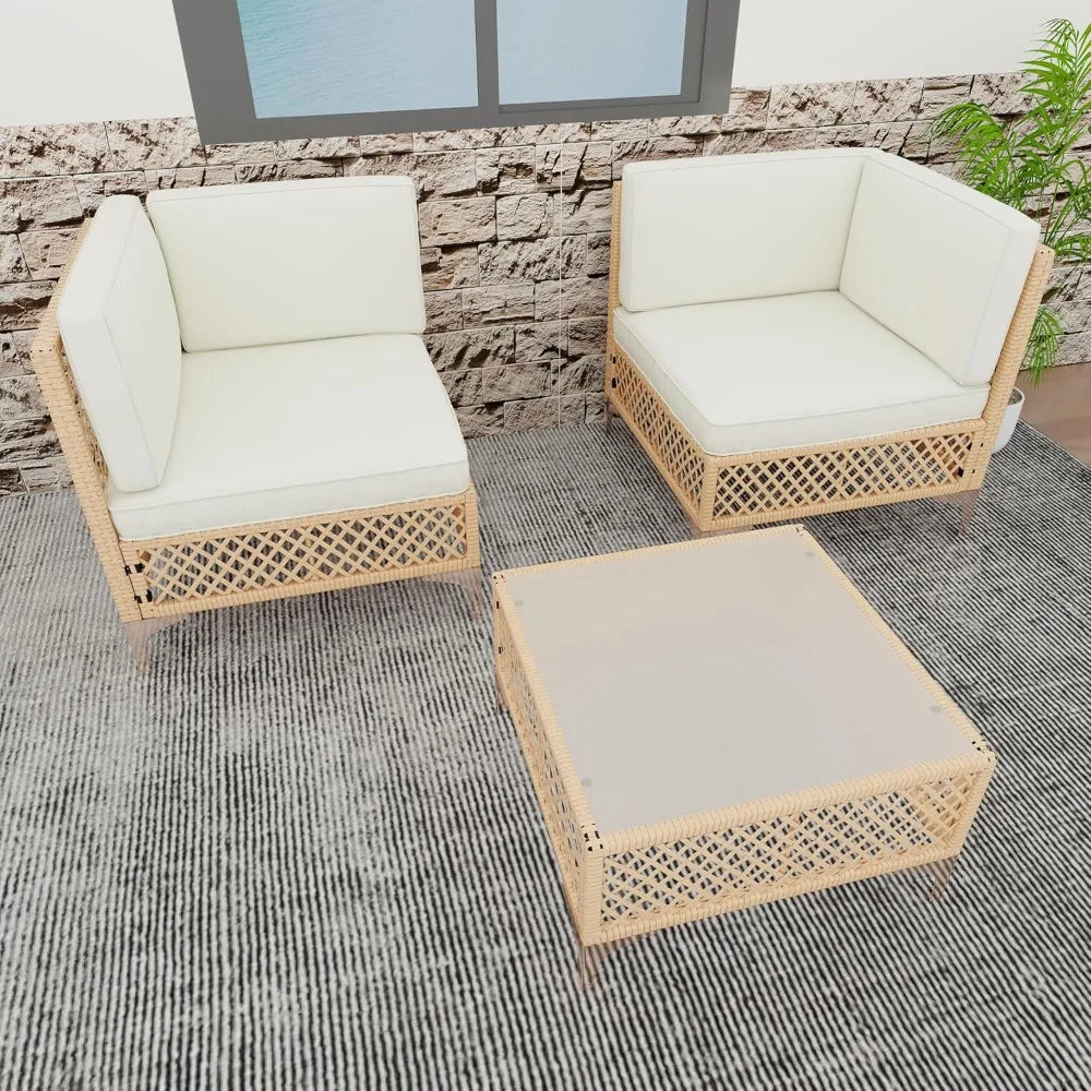Boho Chic Outdoor Sectional Set - Wicker Sofa & Tempered Glass Coffee Table