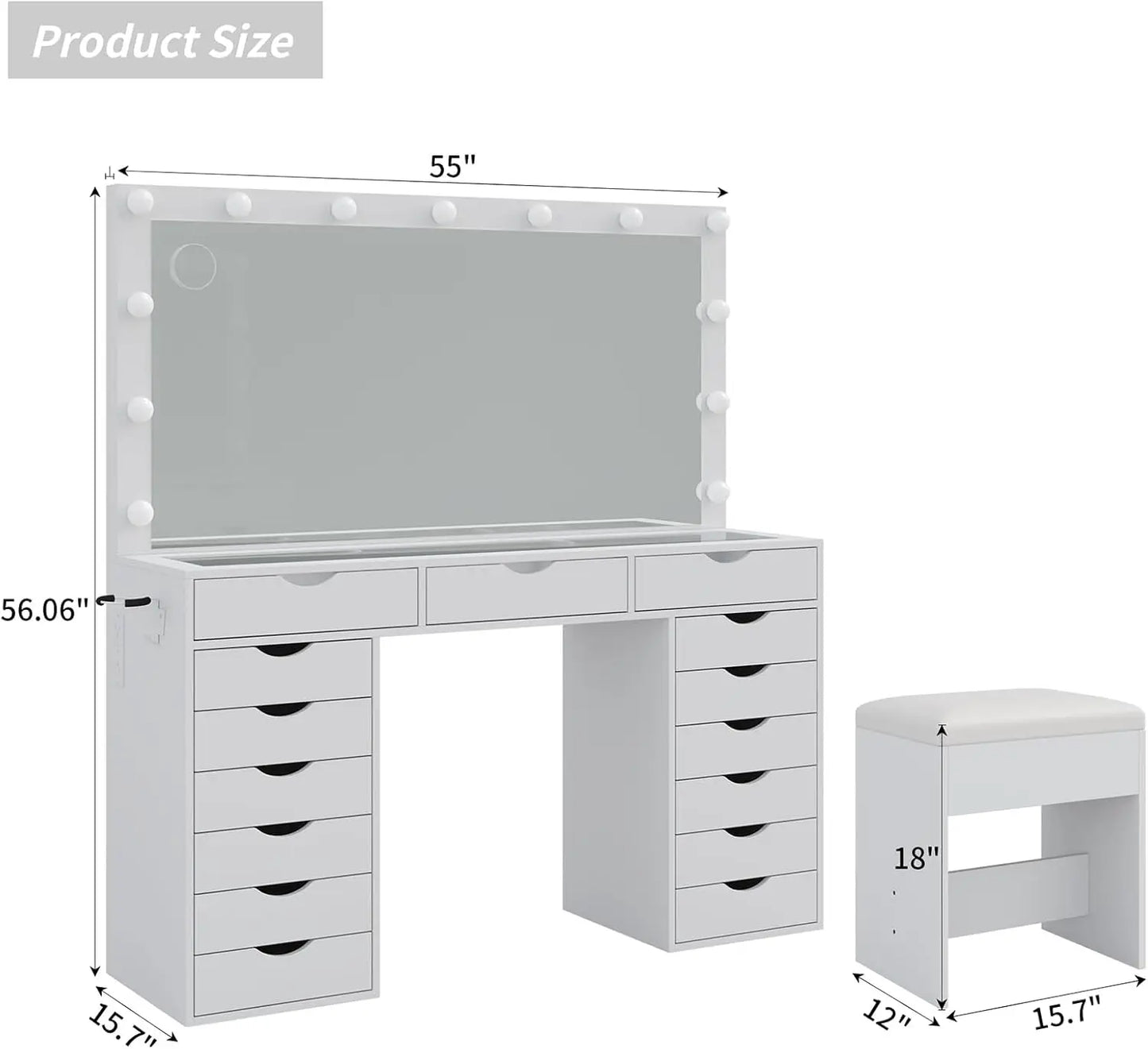 Vanity Desk with Mirror and Lights, Makeup Table with Charging Station, 3 Color Lighting Modes, 15 Drawers Dressing Table, Vanit