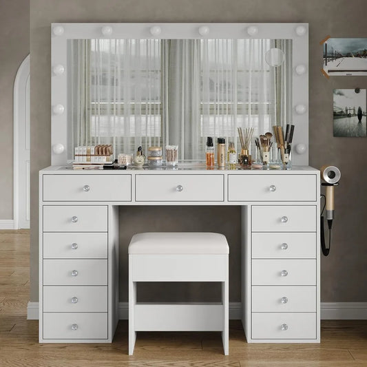 47" Makeup Vanity with Charging Station, 13 Drawers Vanity Desk with 12 LED Bulbs and HD Mirror, 3 Color Brightness .Customized