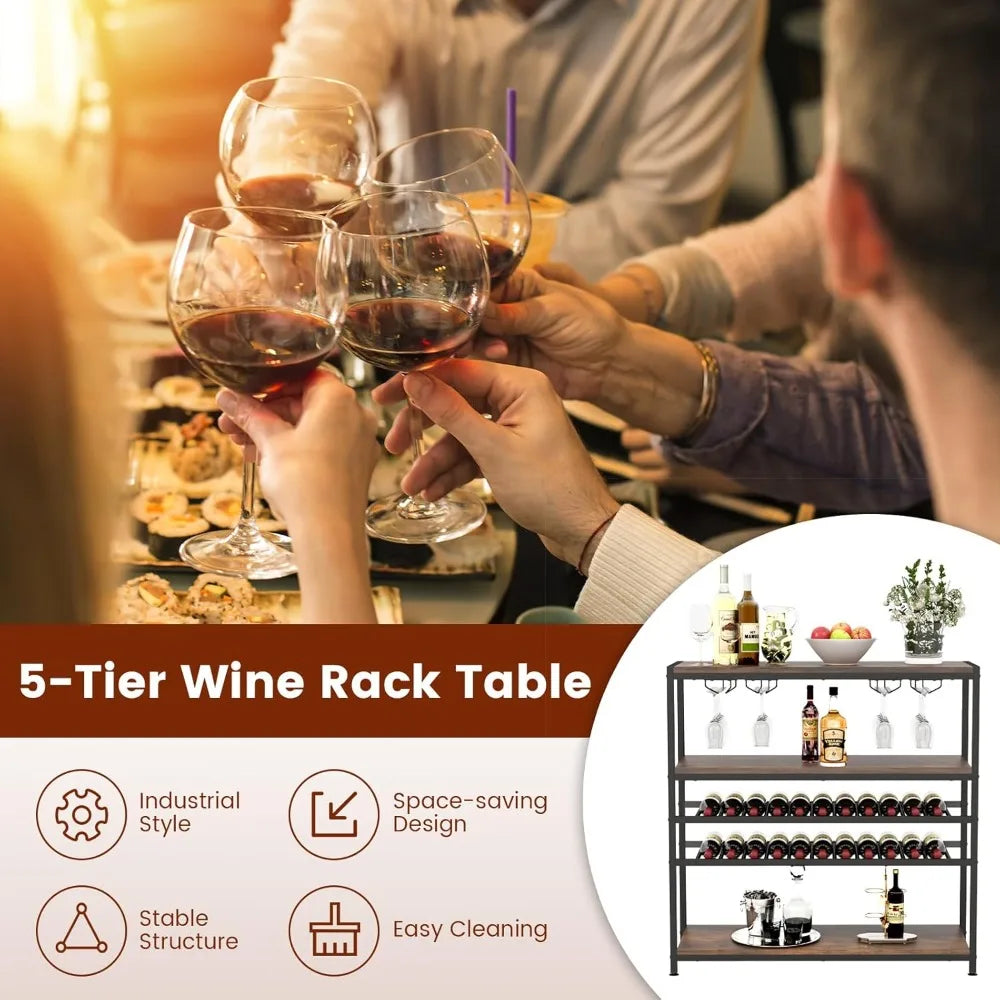 Industrial Wine Rack Table, Wine Bar Cabinet with 2-Tier Wine Rack, 4 Row Glass Holder and Storage Shelves