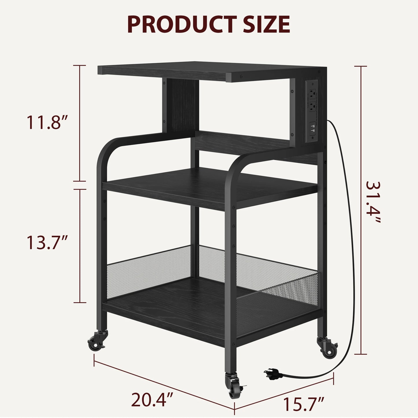 3-Tier Mobile Printer Stand Adjustable Storage Shelf with Charging Station 360° Rotating Wheels Sofa End Table for Home Office