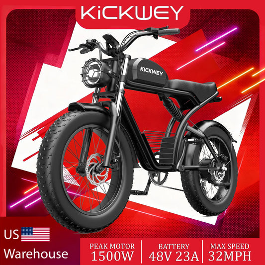 Kickwey K7 Adult Electric Bike 1500W Motor 7-Speed Dual Disc Brakes Full Suspension Ebike 20x4 Fat Tire 50-Mile Electric bicycle