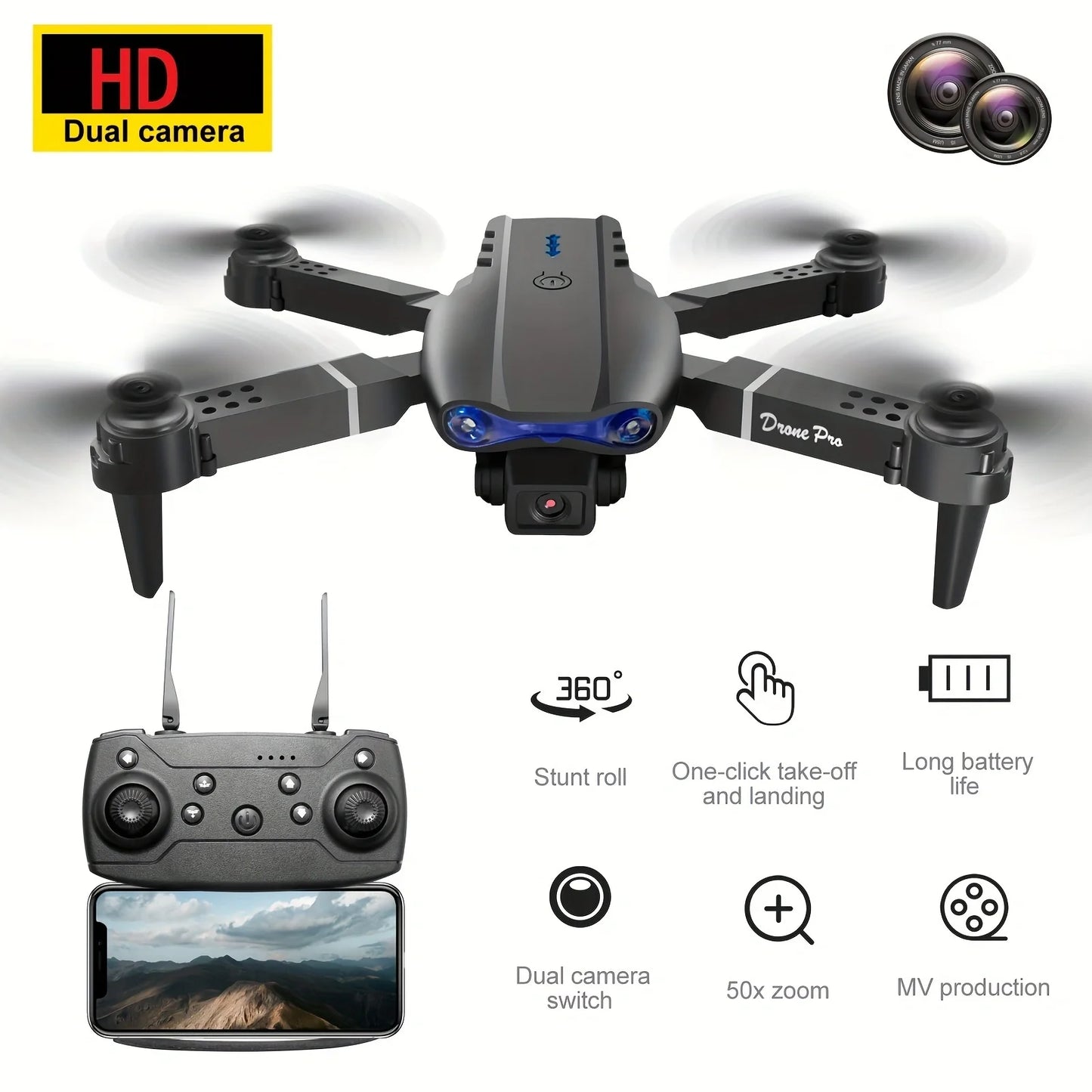 E99 Professional RC Drone, Dual Camera Double Folding RC Quadcopter Height Hold Remote Control Toy, Remote Control Beginner Men'