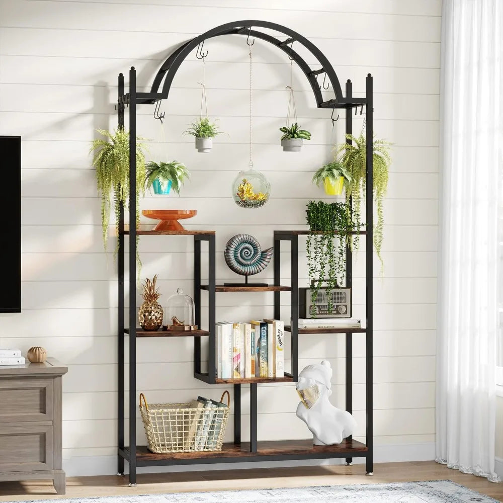 5-Tier Tall Indoor Plant Stand, 74.8'' Arched Metal Flower Shelf with Hanging Hooks, Large Bonsai Pots Display Rack for Indoor