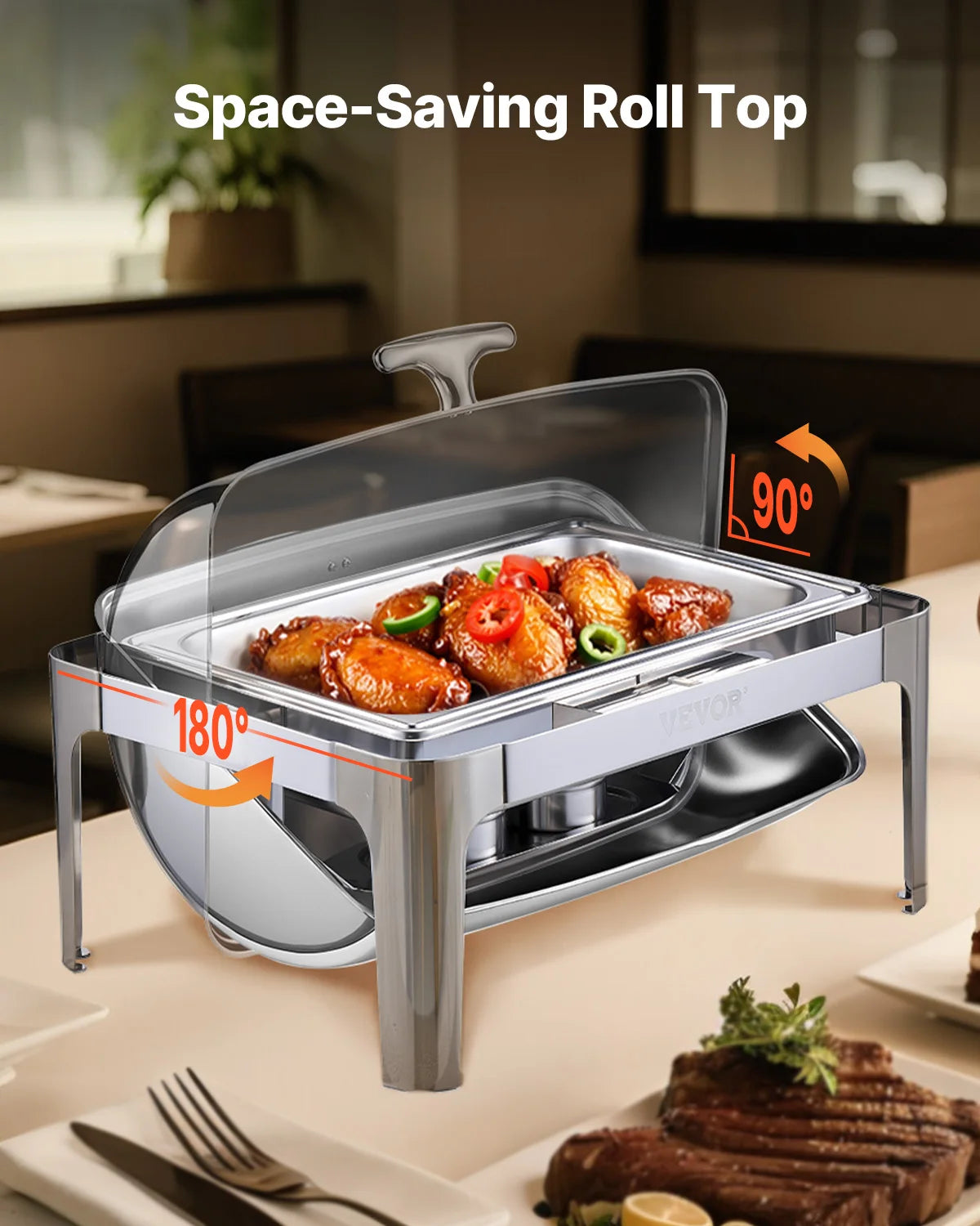 SucceBuy 9Qt Roll Top Chafing Dish Buffet Complete Set Stainless Steel Chafer w/ Full Size Pan Rectangle Catering Warmer Server