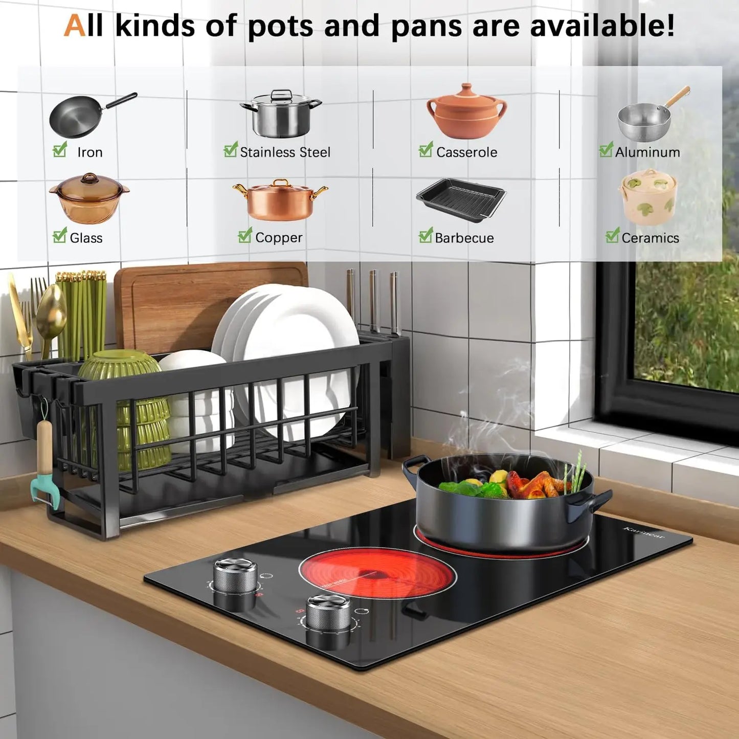 Karinear 110V Electric Ceramic Cooktop 2 Burners,12 Inch Knob Control Countertop & Built-in, 9 Heating Level, 2000W(Silver Knob)