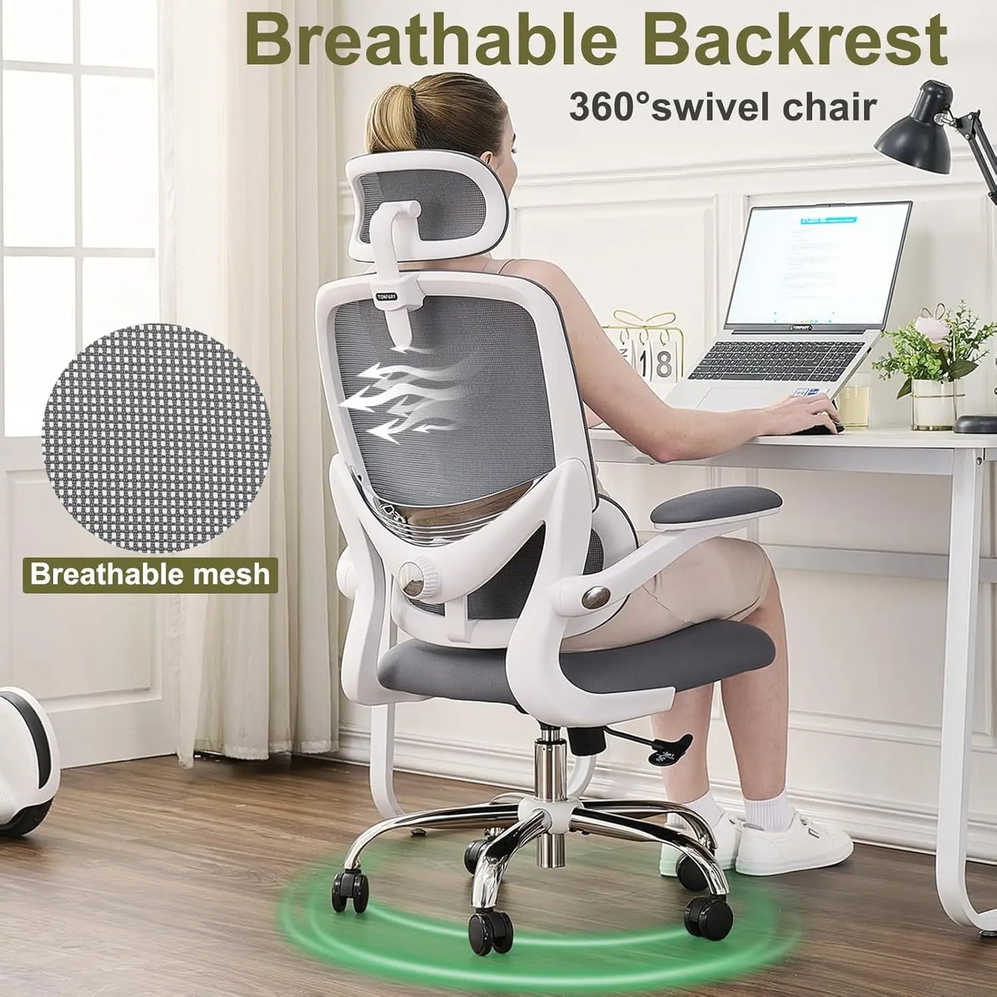 High Back Mesh Desk Chair with Adjustable Lumbar Support, Flip-up Armrest, Removable Headrest, Swivel Computer Gaming Chair