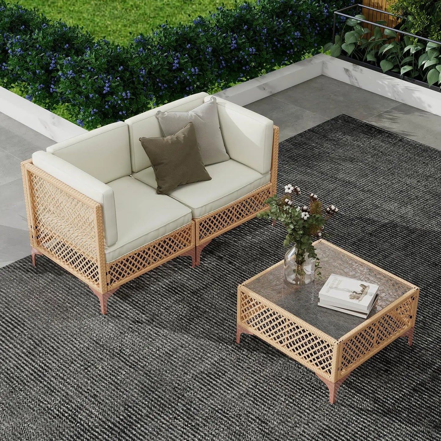 Boho Chic Outdoor Sectional Set - Wicker Sofa & Tempered Glass Coffee Table
