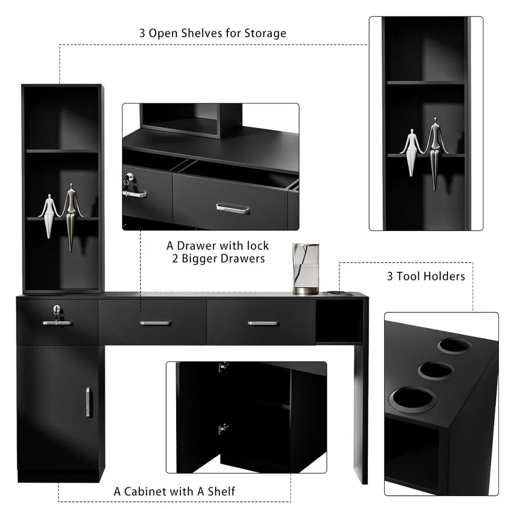 Barber Salon Station for Hair Stylist, Salon Wall Mount Station with Barber Cabinet and Barber Desk, Hair Salon Stations