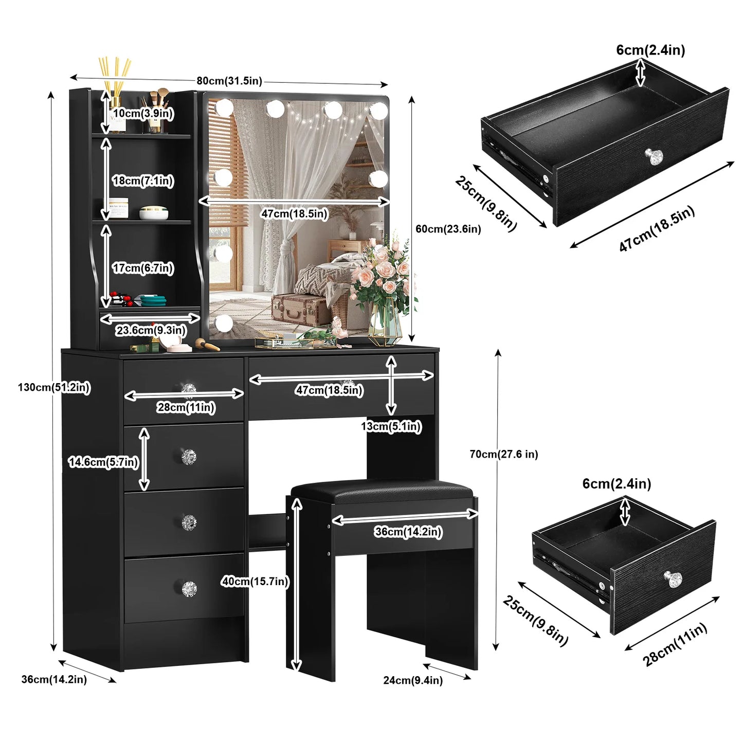 Teousev Black Modern Vanity Set with LED Sliding Mirror 6 Drawers & Stool 3 Color Dimmable Easy Assembly Bedroom Makeup Desk