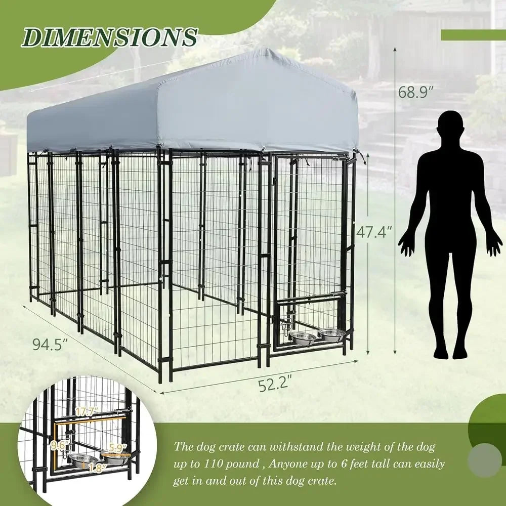 8x4x5.7ft Outdoor Dog Kennel with Waterproof Roof & 2 Rotating Bowls for Large Dogs, Secure Steel Exercise Enclosure