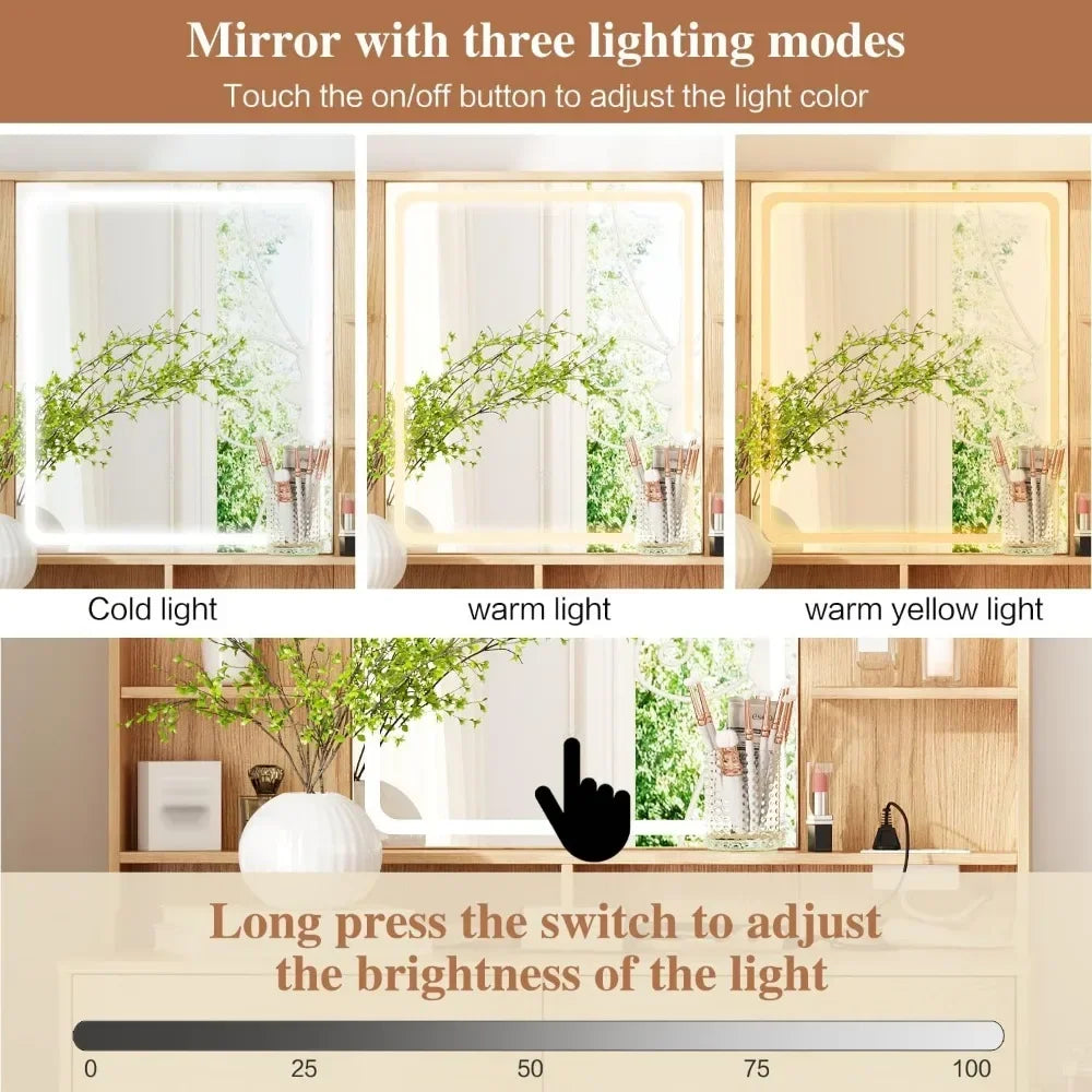 illuminated makeup vanity desk with mirror, 8 drawers, storage shelves, and power outlet in 3 colors