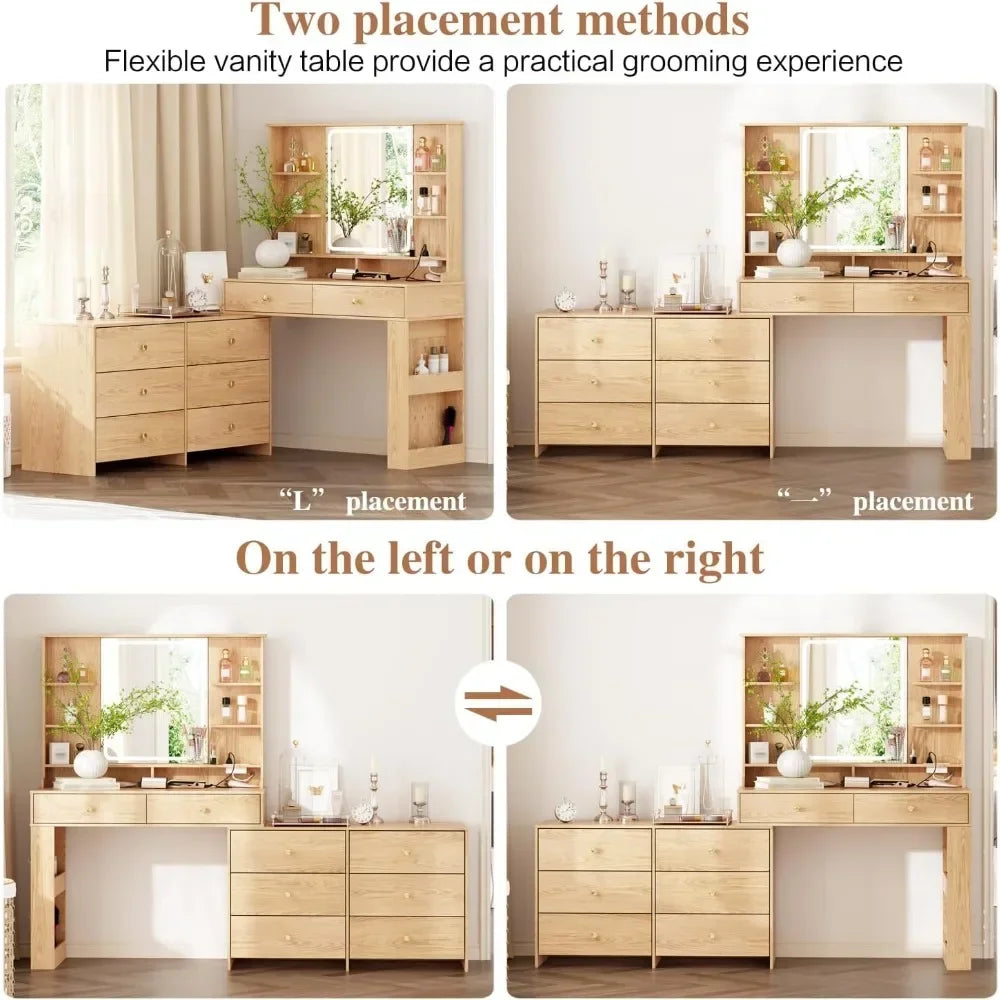 illuminated makeup vanity desk with mirror, 8 drawers, storage shelves, and power outlet in 3 colors