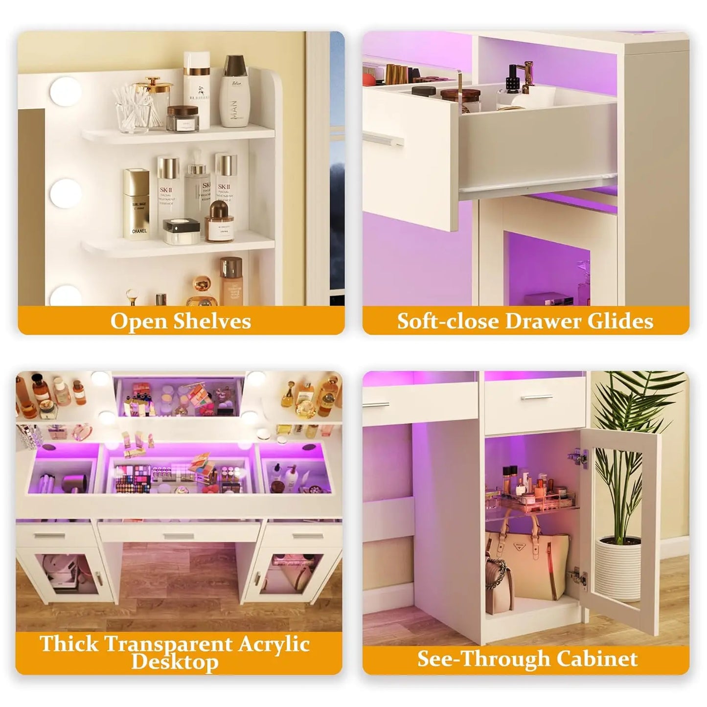 Makeup Vanity with 3-Color Lighting & Mirror, Transparent Top, 3 RGB Drawers and 6 Open Shelves, Customized