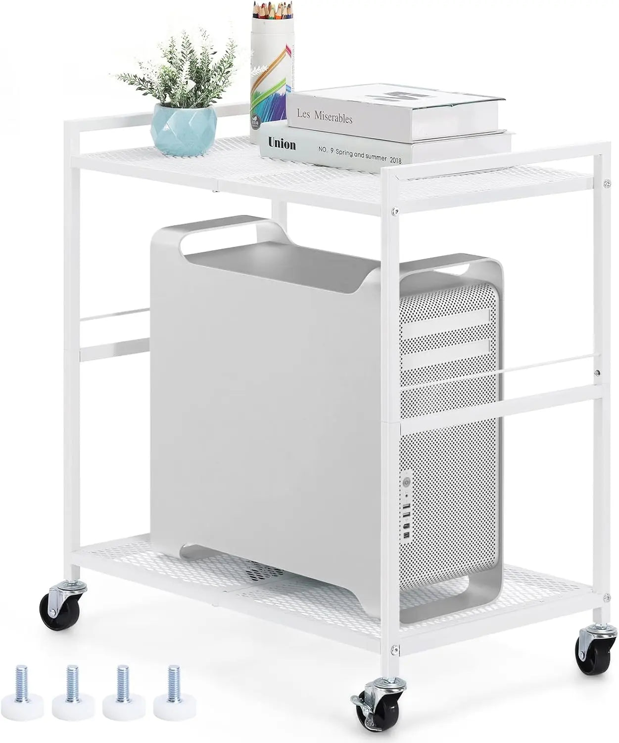 Computer Tower Stand White PC Tower Stand 2 Tier CPU Holder with Wheels Metal Mobile Computer Tower Cart Rolling PC Cart Floor
