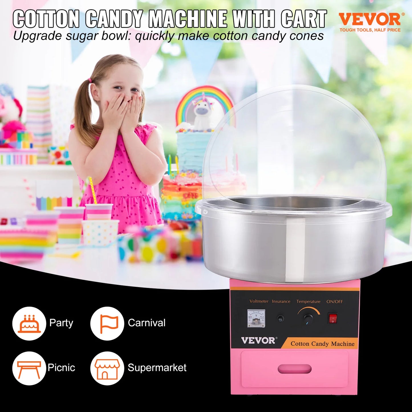 SucceBuy Electric Cotton Candy Machine Commercial Floss Maker w/ Stainless Steel Bowl Sugar Scoop and Drawer for Birthday Party
