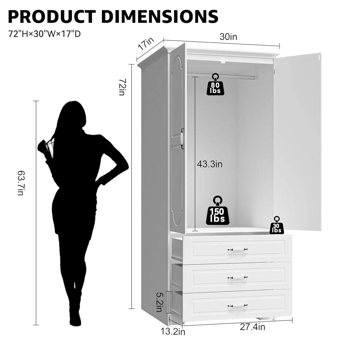 Armoire Wardrobe Closet with 3 Drawers and LED Light 72" Wooden Bedroom Armoire with 2 Doors and Retro Ceramic Door, Custom