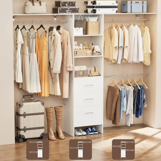 Closet System with Drawers, 8FT Walk in Closets Organizer with 3 Shelving Towers, 96" Wood Storage Unit w/ Hanging Pods & Garmen
