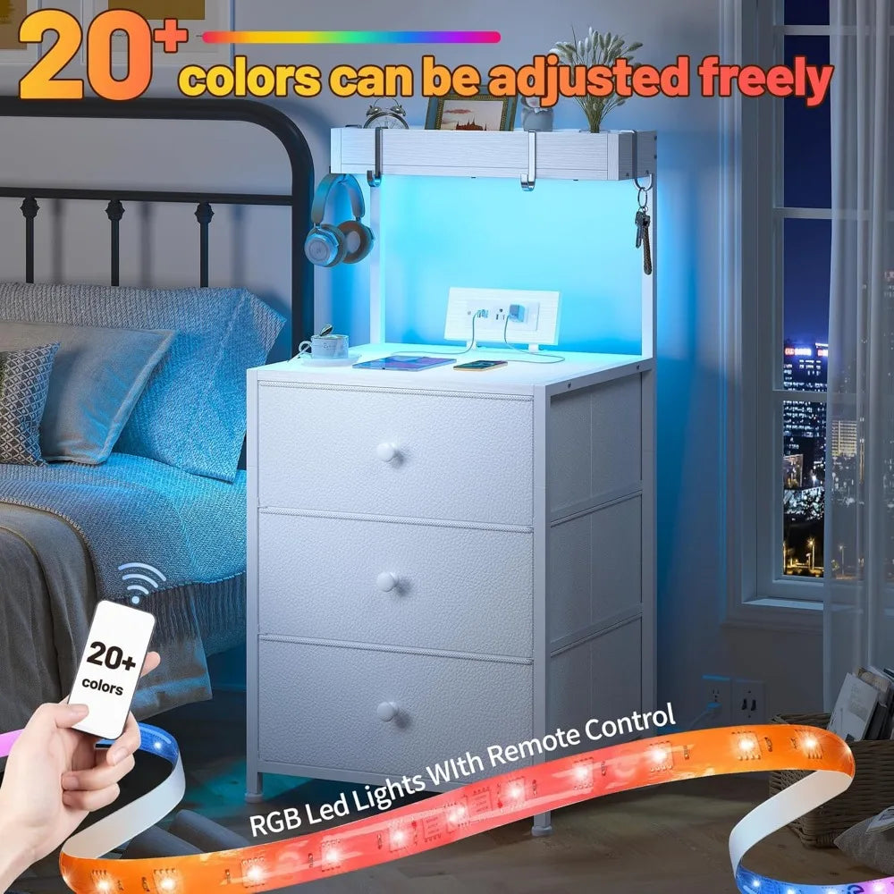 Tall Nightstand Set of 2 with Charging Station and Led Lights Nightstand with 3 Drawers and Shelves Bedside Table with Ports an