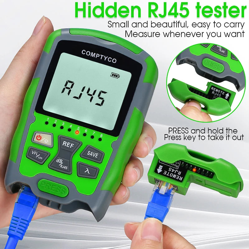 FTTH Rechargeable Fiber Tester 4 in 1 Mini Optical Power Meter -70~+10dBm&15mW Visual Fault Locator&Rj45 Network Test&LED Light