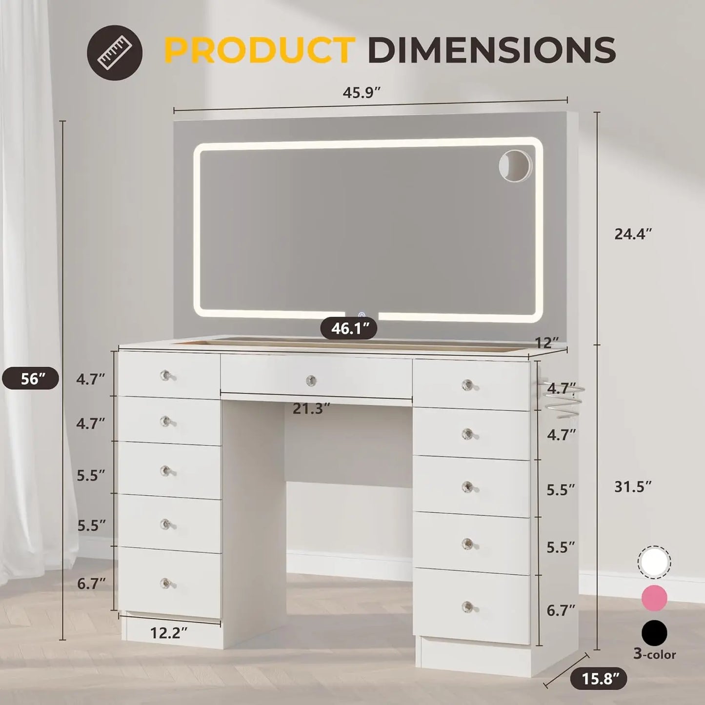 White Makeup Vanity with 11 Drawers, LED Mirror, 3 Lighting Modes, Adjustable Brightness, Glass Top – Bedroom Vanity Desk
