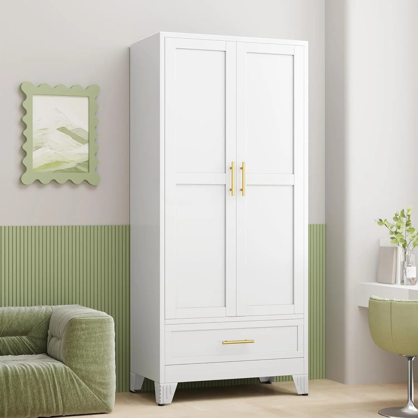 Metal Armoire Wardrobe Closet Cabinet With Drawer And Hanging Rod, Tall Storage Cabinet With Double Doors And Adjustable Shelf, Clothing Storage Organizer Locker For Bedroom Gym, 1 Piece