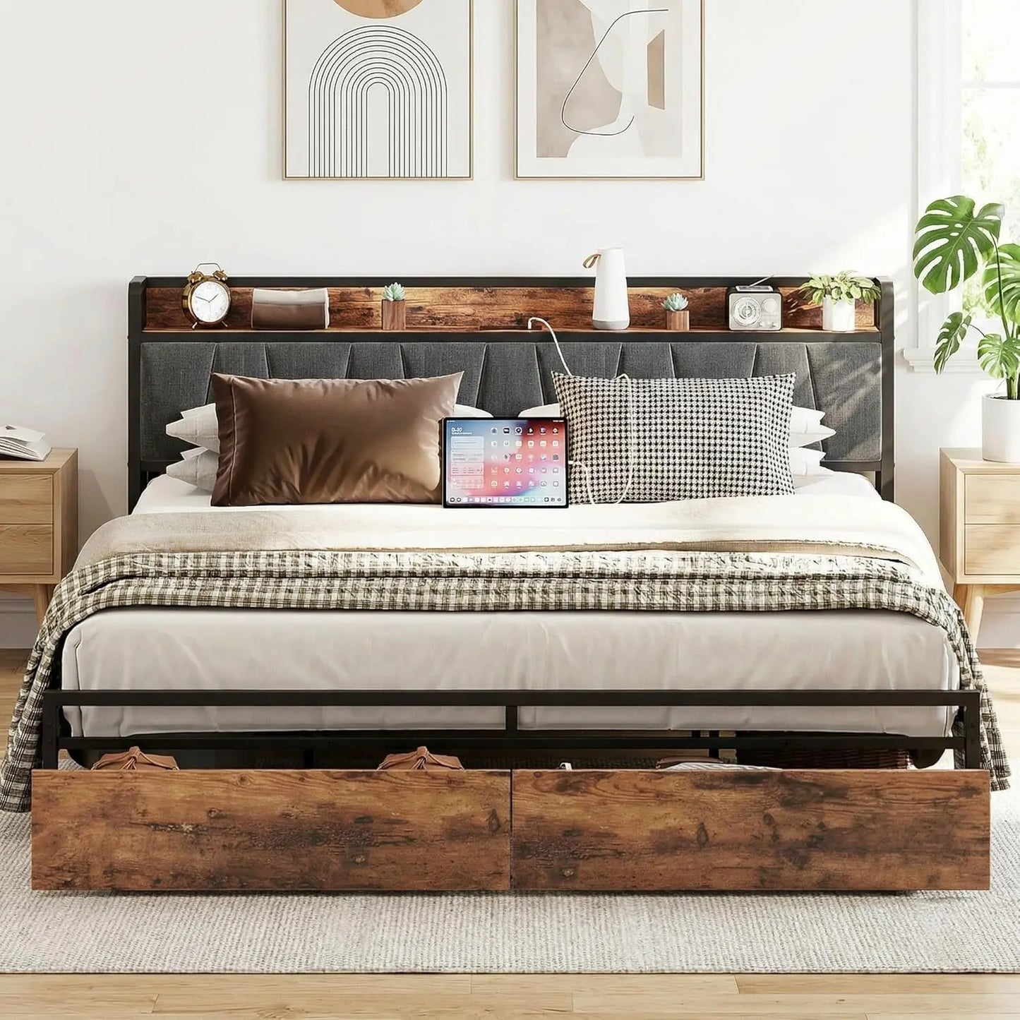 King Size Platform Bed Frame with Storage Headboard, Charging Station, Drawers, Easy Assembly in Industrial Brown and Gray